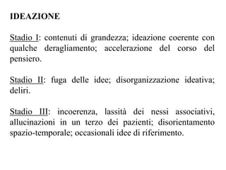 IDEAZIONE
Stadio I: contenuti di grandezza; ideazione coerente con
qualche deragliamento; accelerazione del corso del
pensiero.
Stadio II: fuga delle idee; disorganizzazione ideativa;
deliri.
Stadio III: incoerenza, lassità dei nessi associativi,
allucinazioni in un terzo dei pazienti; disorientamento
spazio-temporale; occasionali idee di riferimento.
 