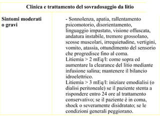 Clinica e trattamento del sovradosaggio da litio
Sintomi moderati - Sonnolenza, apatia, rallentamento
o gravi psicomotorio, disorientamento,
linguaggio impastato, visione offuscata,
andatura instabile, tremore grossolano,
scosse muscolari, irrequietudine, vertigini,
vomito, atassia, ottundimento del sensorio
che progredisce fino al coma.
Litiemia > 2 mEq/l: come sopra ed
aumentare la clearance del litio mediante
infusione salina; mantenere il bilancio
idroelettrico.
Litiemia > 3 mEq/l: iniziare emodialisi (o
dialisi peritoneale) se il paziente stenta a
rispondere entro 24 ore al trattamento
conservativo; se il paziente è in coma,
shock o severamente disidratato; se le
condizioni generali peggiorano.
 