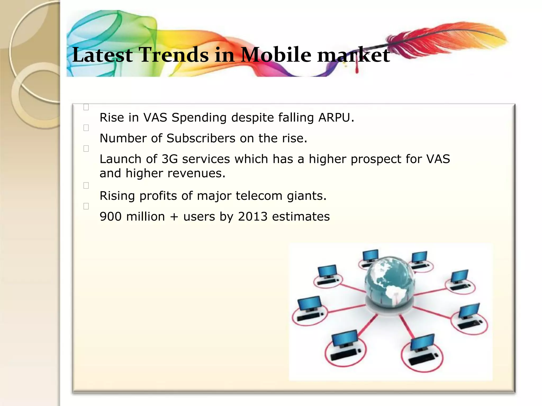 Latest Trends in Mobile market 
Rise in VAS Spending despite falling ARPU. 
Number of Subscribers on the rise. 
Launch of 3G services which has a higher prospect for VAS 
and higher revenues. 
Rising profits of major telecom giants. 
900 million + users by 2013 estimates  