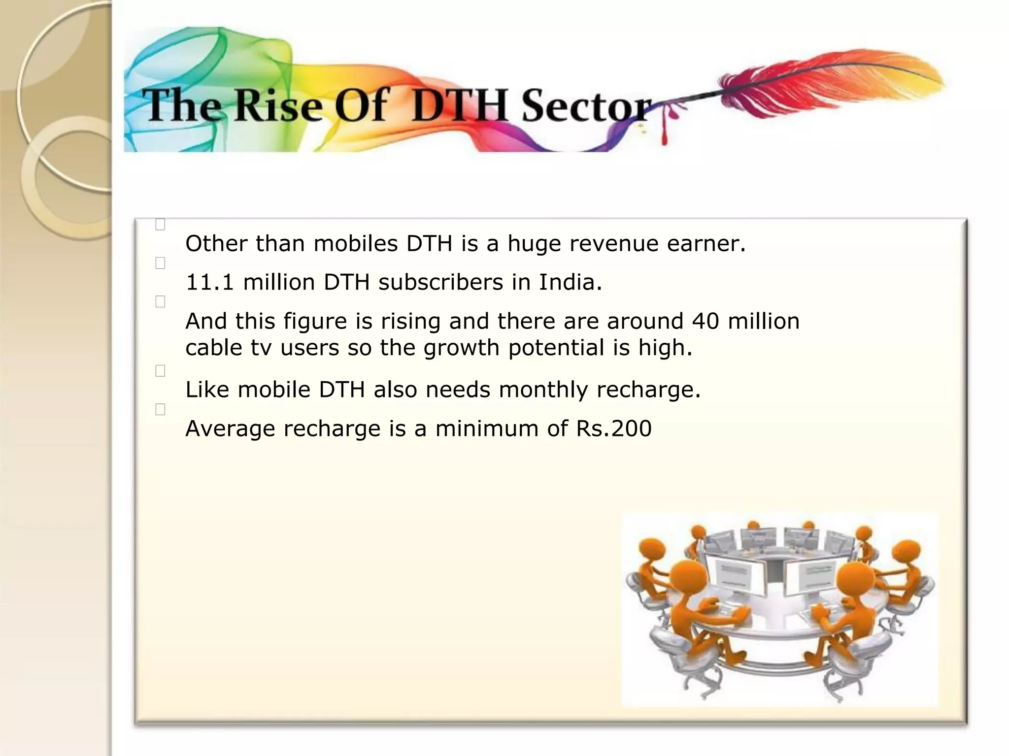 Other than mobiles DTH is a huge revenue earner. 
11.1 million DTH subscribers in India. 
And this figure is rising and there are around 40 million 
cable tv users so the growth potential is high. 
Like mobile DTH also needs monthly recharge. 
Average recharge is a minimum of Rs.200  
