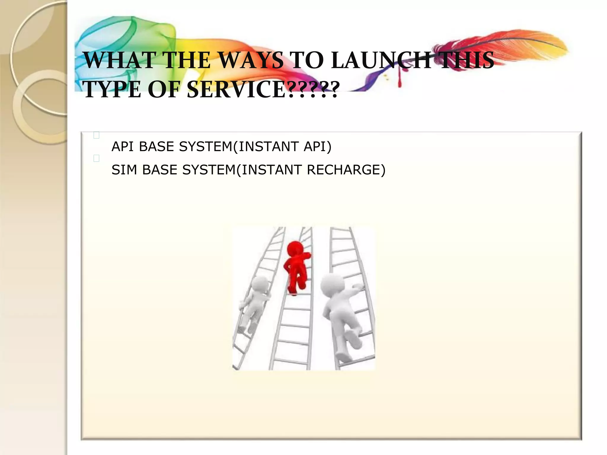 WHAT THE WAYS TO LAUNCH THIS 
TYPE OF SERVICE????? 
API BASE SYSTEM(INSTANT API) 
SIM BASE SYSTEM(INSTANT RECHARGE)  