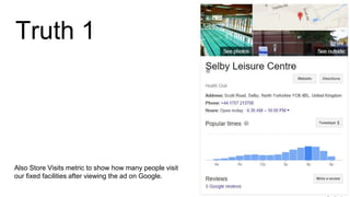 Truth 1
Also Store Visits metric to show how many people visit
our fixed facilities after viewing the ad on Google.