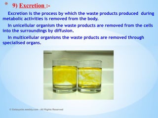 Excretion is the process by which the waste products produced during
metabolic activities is removed from the body.
In unicellular organism the waste products are removed from the cells
into the surroundings by diffusion.
In multicellular organisms the waste prducts are removed through
specialised organs.
© Galaxysite.weebly.com - All Rights Reserved
* 9) Excretion :-
 