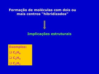 Formação de moléculas com dois ou
mais centros “hibridizados”

Implicações estruturais

Exemplos:
C2H6
C2H4
C2H2

 