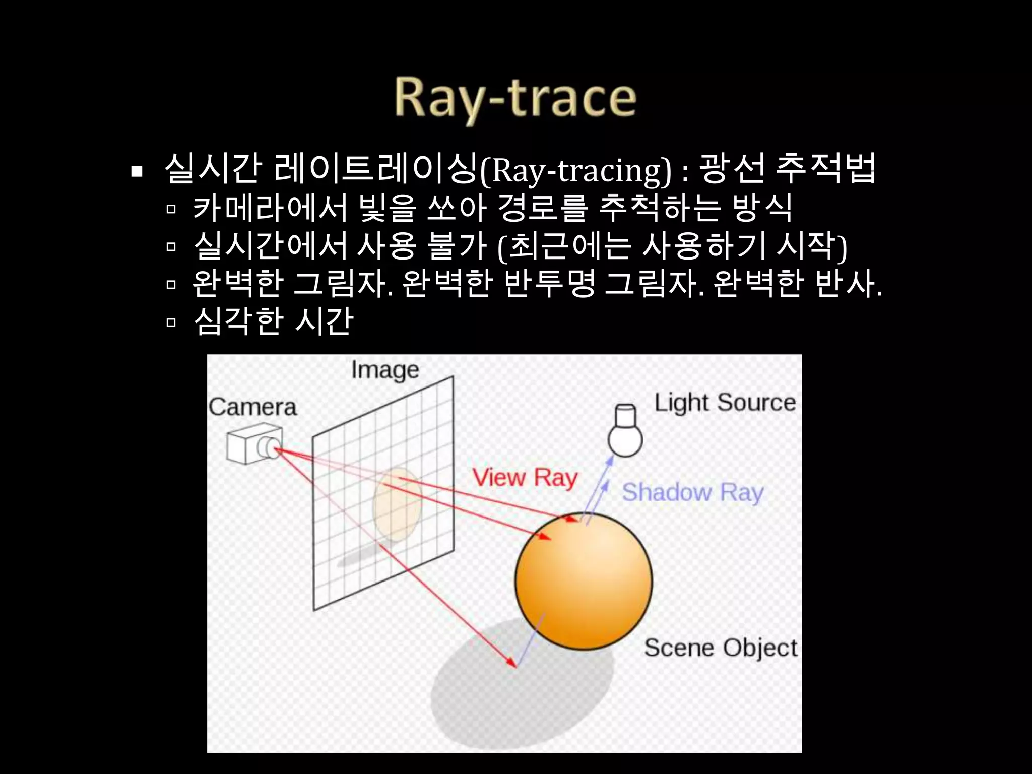    실시간 레이트레이싱(Ray-tracing) : 광선 추적법
       카메라에서 빛을 쏘아 경로를 추척하는 방식
       실시간에서 사용 불가 (최근에는 사용하기 시작)
       완벽한 그림자. 완벽한 반투명 그림자. 완벽한 반사.
       심각한 시간
 