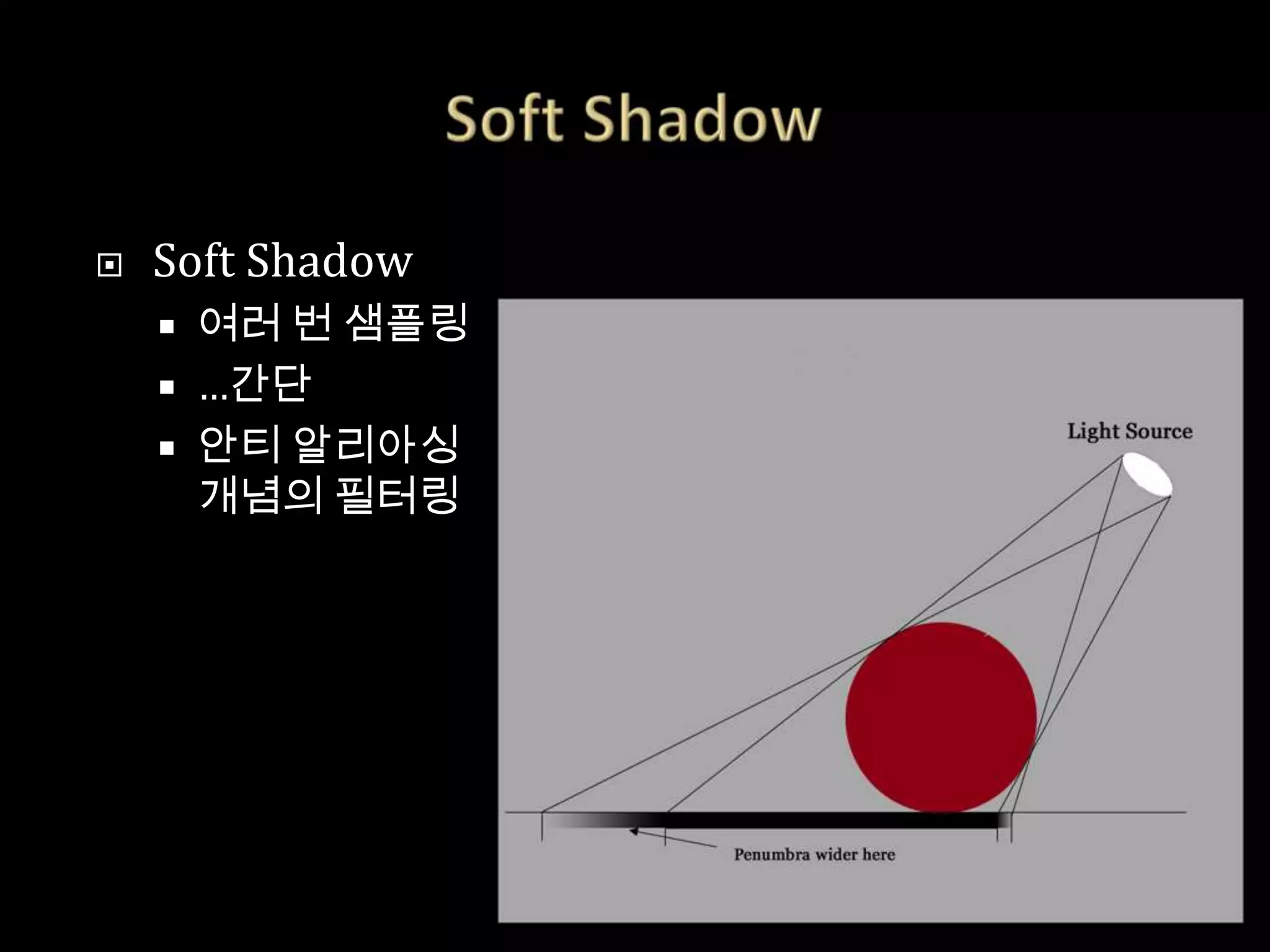    Soft Shadow
       여러 번 샘플링
       …간단
       안티 알리아싱
        개념의 필터링
 