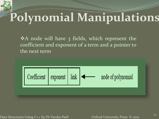 Oxford University Press © 2012Data Structures Using C++ by Dr Varsha Patil
20
Polynomial Manipulations
A node will have 3 fields, which represent the
coefficient and exponent of a term and a pointer to
the next term
 