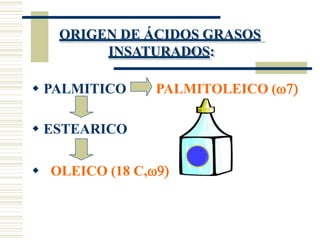 ORIGEN DE ÁCIDOS GRASOS
INSATURADOS:
 PALMITICO PALMITOLEICO (
 ESTEARICO
 OLEICO (18 C,
 