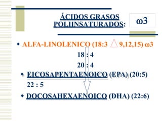 ÁCIDOS GRASOS
POLIINSATURADOS:
9,12,15) 3
 ALFA-LINOLENICO (18:3
18 : 4
20 : 4
 EICOSAPENTAENOICO (EPA) (20:5)
22 : 5
 DOCOSAHEXAENOICO (DHA) (22:6)

 