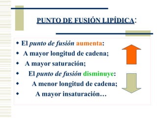 PUNTO DE FUSIÓN LIPÍDICA:
 El punto de fusión aumenta:
 A mayor longitud de cadena;
 A mayor saturación;
 El punto de fusión disminuye:
 A menor longitud de cadena;
 A mayor insaturación…
 
