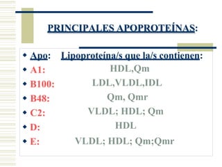 PRINCIPALES APOPROTEÍNAS:
 Apo:
 A1:
 B100:
 B48:
 C2:
 D:
 E:
Lipoproteína/s que la/s contienen:
HDL,Qm
LDL,VLDL,IDL
Qm, Qmr
VLDL; HDL; Qm
HDL
VLDL; HDL; Qm;Qmr
 