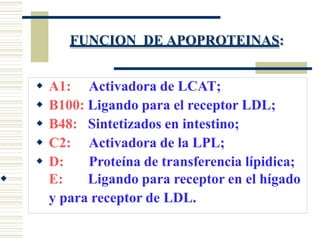 FUNCION DE APOPROTEINAS:
 A1: Activadora de LCAT;
 B100: Ligando para el receptor LDL;
 B48: Sintetizados en intestino;
 C2: Activadora de la LPL;
 D: Proteína de transferencia lípidica;
 E: Ligando para receptor en el hígado
y para receptor de LDL.
 