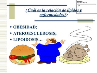 ¿Cuál es la relación de lípidos y
enfermedades?:
 OBESIDAD;
 ATEROESCLEROSIS;
 LIPOIDOSIS…
Moderador
2019-08-29 08:14:35
-------------------------------------------
- OK
 