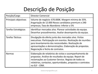 Descrição de Posição
Posição/Cargo           Director Comercial
Principais objectivos   Volume de negócio: 670.000€. Margem mínima de 35%.
                        Angariação de 12.000 Novos candidatos premium e 240
                        empresas; Taxa de Abandono: Inferior a 5%
Tarefas Estratégicas    Identificar mercados alvo. Planear actividades da equipa.
                        Desenhar procedimentos. Avaliar desempenho da equipa.
Tarefas Tácticas        Divulgação da oferta junto dos mercados alvo. Visitas
                        executivas. Participação em eventos. Realização de reuniões
                        para levantamento das necessidades. Realização de
                        apresentações e demonstrações. Elaboração de propostas.
                        Negociação e fecho de contratos.
Normas                  Elaboração de relatórios de visitas e acompanhamento de
                        propostas. Análise de resultados da equipa. Report de
                        reclamações ao Customer Service. Registo de todos os
                        relatórios, contactos, oportunidades, propostas e contratos
                        no ELF - CRM.
                                  (www.empregolafora.pt)                              7
 