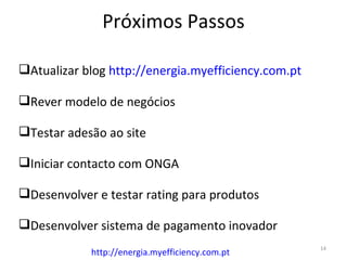 Próximos Passos

Atualizar blog http://energia.myefficiency.com.pt

Rever modelo de negócios

Testar adesão ao site

Iniciar contacto com ONGA

Desenvolver e testar rating para produtos

Desenvolver sistema de pagamento inovador
                                                     14
            http://energia.myefficiency.com.pt
 