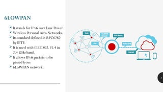 2
6LOWPAN
It stands for IPv6 over Low Power
Wireless Personal Area Networks.
Its standard defined in RFC6282
by IETF.
It is used with IEEE 802.15.4 in
2.4 GHz band.
It allows IPv6 packets to be
passed from
6LoWPAN network.
 