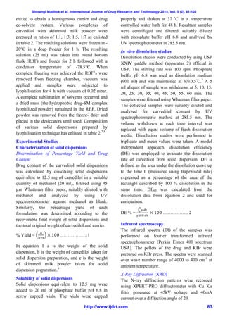 Shivangi Madhok et al. International Journal of Drug Research and Technology 2015, Vol. 5 (2), 81-102
http://www.ijdrt.com 83
mixed to obtain a homogenous carrier and drug
co-solvent system. Various complexes of
carvedilol with skimmed milk powder were
prepared in ratios of 1:1, 1:3, 1:5, 1:7 as enlisted
in table 2. The resulting solutions were frozen at -
20°C in a deep freezer for 1 h. The resulting
solution (25 ml) was taken into round bottom
flask (RBF) and frozen for 2 h followed with a
condenser temperature of -78.5°C. When
complete freezing was achieved the RBF’s were
removed from freezing chamber, vacuum was
applied and samples were subjected to
lyophilisation for 4 h with vacuum of 0.02 mbar.
A complete sublimation of solvents occurred and
a dried mass (the hydrophobic drug-SM complex
lyophilized powder) remained in the RBF. Dried
powder was removed from the freeze- drier and
placed in the desiccators until used. Composition
of various solid dispersions prepared by
lyophilisation technique has enlisted in table 2.7,8
Experimental Studies
Characterization of solid dispersions
Determination of Percentage Yield and Drug
Content
Drug content of the carvedilol solid dispersions
was calculated by dissolving solid dispersions
equivalent to 12.5 mg of carvedilol in a suitable
quantity of methanol (20 ml), filtered using 45
µm Whattman filter paper, suitably diluted with
methanol and analyzed by using UV
spectrophotometer against methanol as blank.
Similarly, the percentage yield of each
formulation was determined according to the
recoverable final weight of solid dispersions and
the total original weight of carvedilol and carrier.
% Yield = ………………1
In equation 1 a is the weight of the solid
dispersion, b is the weight of carvedilol taken for
solid dispersion preparation, and c is the weight
of skimmed milk powder taken for solid
dispersion preparation.9
Solubility of solid dispersions
Solid dispersions equivalent to 12.5 mg were
added to 20 ml of phosphate buffer pH 6.8 in
screw capped vials. The vials were capped
properly and shaken at 37 ◦
C in a temperature
controlled water bath for 48 h. Resultant samples
were centrifuged and filtered, suitably diluted
with phosphate buffer pH 6.8 and analyzed by
UV spectrophotometer at 285.5 nm.
In vitro dissolution studies
Dissolution studies were conducted by using USP
XXIV paddle method (apparatus 2) official in
USP. The stirring rate was 100 rpm. Phosphate
buffer pH 6.8 was used as dissolution medium
(900 ml) and was maintained at 37±0.5◦
C.7
A 5
ml aliquot of sample was withdrawn at 5, 10, 15,
20, 25, 30, 35, 40, 45, 50, 55, 60 min. The
samples were filtered using Whatman filter paper.
The collected samples were suitably diluted and
analyzed for carvedilol content by UV
spectrophotometric method at 285.5 nm. The
volume withdrawn at each time interval was
replaced with equal volume of fresh dissolution
media. Dissolution studies were performed in
triplicate and mean values were taken. A model
independent approach, dissolution efficiency
(DE) was employed to evaluate the dissolution
rate of carvedilol from solid dispersion. DE is
defined as the area under the dissolution curve up
to the time t, (measured using trapezoidal rule)
expressed as a percentage of the area of the
rectangle described by 100 % dissolution in the
same time. DE60 was calculated from the
dissolution data from equation 2 and used for
comparison.
DE % = …………….. 2
Infrared spectroscopy
The infrared spectra (IR) of the samples was
performed on fourier transformed infrared
spectrophotometer (Perkin Elmer 400 spectrum
USA). The pellets of the drug and KBr were
prepared on KBr press. The spectra were scanned
over wave number range of 4000 to 400 cm-1
at
ambient temperature.
X-Ray Diffraction (XRD)
The X-ray diffraction patterns were recorded
using XPERT-PRO diffractometer with Cu Kα
filter generated at 45kV voltage and 40mA
current over a diffraction angle of 2θ.
 