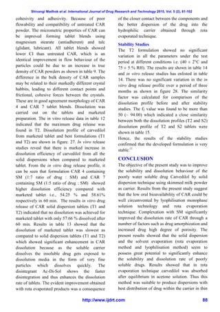 Shivangi Madhok et al. International Journal of Drug Research and Technology 2015, Vol. 5 (2), 81-102
http://www.ijdrt.com 88
cohesivity and adhesivity. Because of poor
flowability and compatibility of untreated CAR
powder. The micrometric properties of CAR can
be improved forming tablet blends using
magnesium stearate (antiadherent) and talc
(glidant, lubricant). All tablet blends showed
lower CI than untreated CAR, which is an
identical improvement in flow behaviour of the
particles could be due to an increase in true
density of CAR powders as shown in table 9. The
difference in the bulk density of CAR samples
may be related to their markedly different crystal
habbits, leading to different contact points and
frictional, cohesive forces between the crystals.
These are in good agreement morphology of CAR
4 and CAR 7 tablet blends. Dissolution was
carried out on the tablets and marketed
preparation. The in vitro release data in table 12
indicated that the maximum drug release was
found in T2. Dissolution profile of carvedilol
from marketed tablet and best formulations (T1
and T2) are shown in figure. 27. In vitro release
studies reveal that there is marked increase in
dissolution efficiency of carvedilol from all the
solid dispersions when compared to marketed
tablet. From the in vitro drug release profile, it
can be seen that formulation CAR 4 containing
SM (1:7 ratio of drug : SM) and CAR 7
containing SM (1:5 ratio of drug : SM) showed
higher dissolution efficiency compared with
marketed tablet i.e., 54.25 % and 58.61%
respectively in 60 min. The results in vitro drug
release of CAR solid dispersion tablets (T1 and
T2) indicated that no dissolution was achieved for
marketed tablet with only 57.66 % dissolved after
60 min. Results in table 13 showed that the
dissolution of marketed tablet was slowest as
compared to solid dispersion tablets (T1 and T2)
which showed significant enhancement in CAR
dissolution because as the soluble carrier
dissolves the insoluble drug gets exposed to
dissolution media in the form of very fine
particles which dissolves quickly. The
disintegrant Ac-Di-Sol shows the faster
disintegration and thus enhances the dissolution
rate of tablets. The evident improvement obtained
with rota evaporated products was a consequence
of the closer contact between the components and
the better dispersion of the drug into the
hydrophilic carrier obtained through rota
evaporated technique.
Stability Studies
The T2 formulation showed no significant
variation in all the parameters under the test
period at different conditions i.e. (40 ± 2°C and
75 ± 5 % RH). The results are shown in table 14
and in vitro release studies has enlisted in table
14. There was no significant variation in the in
vitro drug release profile over a period of three
months as shown in figure 28. The similarity
factor was calculated for comparison of the
dissolution profile before and after stability
studies. The f2 value was found to be more than
50 (~ 94.00) which indicated a close similarity
between both the dissolution profiles (T2 and S2)
dissolution profile of T2 and S2 tablets were
shown in table 15.
Hence, the results of the stability studies
confirmed that the developed formulation is very
stable.11
CONCLUSION
The objective of the present study was to improve
the solubility and dissolution behaviour of the
poorly water soluble drug Carvedilol by solid
dispersion technique using skimmed milk powder
as carrier. Results from the present study suggest
that the low oral bioavailability of CAR could be
well circumvented by lyophilisation monophase
solution technology and rota evaporation
technique. Complexation with SM significantly
improved the dissolution rate of CAR through a
number of factors such as drug amorphization and
increased drug high degree of porosity. The
present results showed that the solid dispersion
and the solvent evaporation (rota evaporation
method and lyophilisation method) seem to
possess great potential to significantly enhance
the solubility and dissolution rate of poorly
soluble drugs. Results showed that in rota
evaporation technique carvedilol was absorbed
after equilibrium in acetone solution. Thus this
method was suitable to produce dispersions with
best distribution of drug within the carrier in thin
 