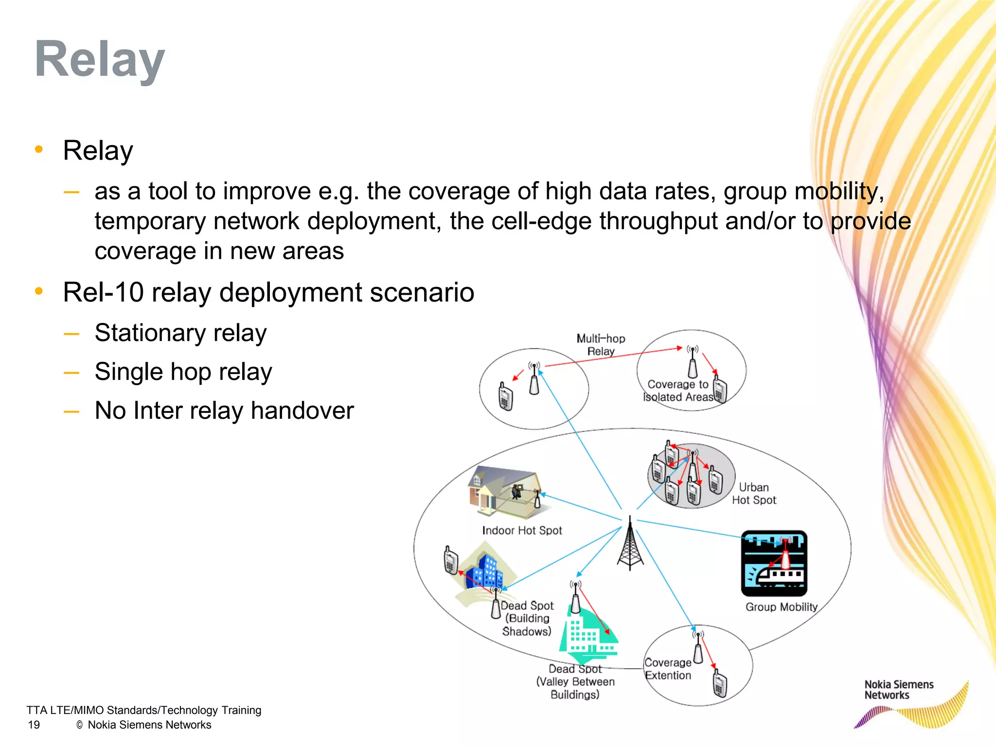 TTA LTE/MIMO Standards/Technology Training
19 © Nokia Siemens Networks
Relay
• Relay
– as a tool to improve e.g. the coverage of high data rates, group mobility,
temporary network deployment, the cell-edge throughput and/or to provide
coverage in new areas
• Rel-10 relay deployment scenario
– Stationary relay
– Single hop relay
– No Inter relay handover
 