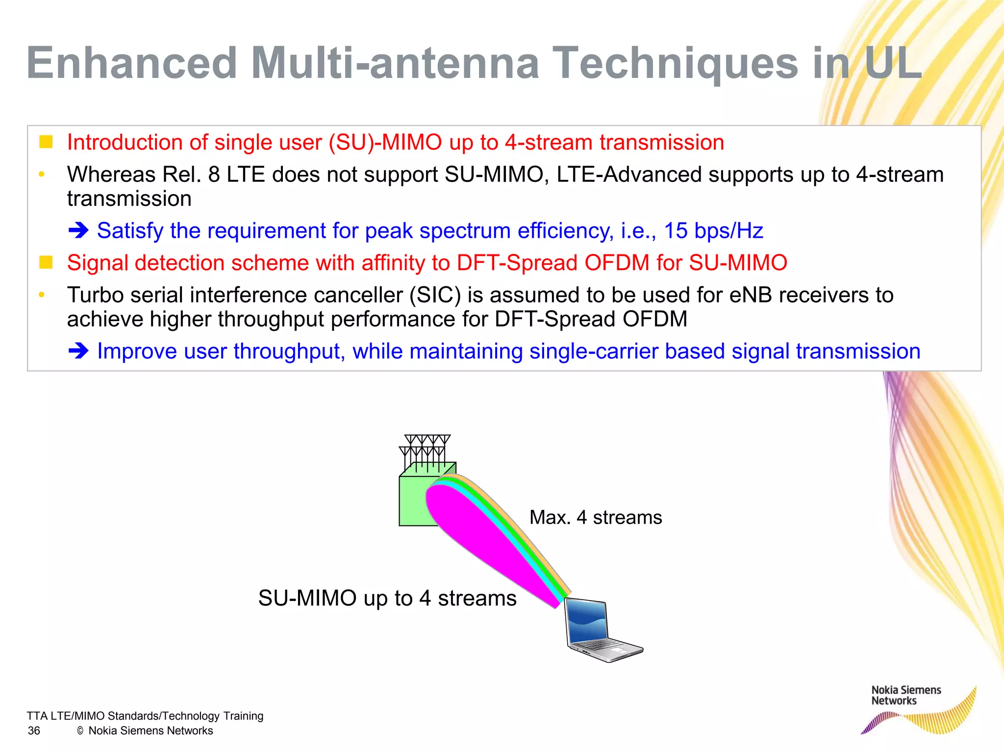 TTA LTE/MIMO Standards/Technology Training
36 © Nokia Siemens Networks
 Introduction of single user (SU)-MIMO up to 4-stream transmission
• Whereas Rel. 8 LTE does not support SU-MIMO, LTE-Advanced supports up to 4-stream
transmission
 Satisfy the requirement for peak spectrum efficiency, i.e., 15 bps/Hz
 Signal detection scheme with affinity to DFT-Spread OFDM for SU-MIMO
• Turbo serial interference canceller (SIC) is assumed to be used for eNB receivers to
achieve higher throughput performance for DFT-Spread OFDM
 Improve user throughput, while maintaining single-carrier based signal transmission
Max. 4 streams
SU-MIMO up to 4 streams
Enhanced Multi-antenna Techniques in UL
 