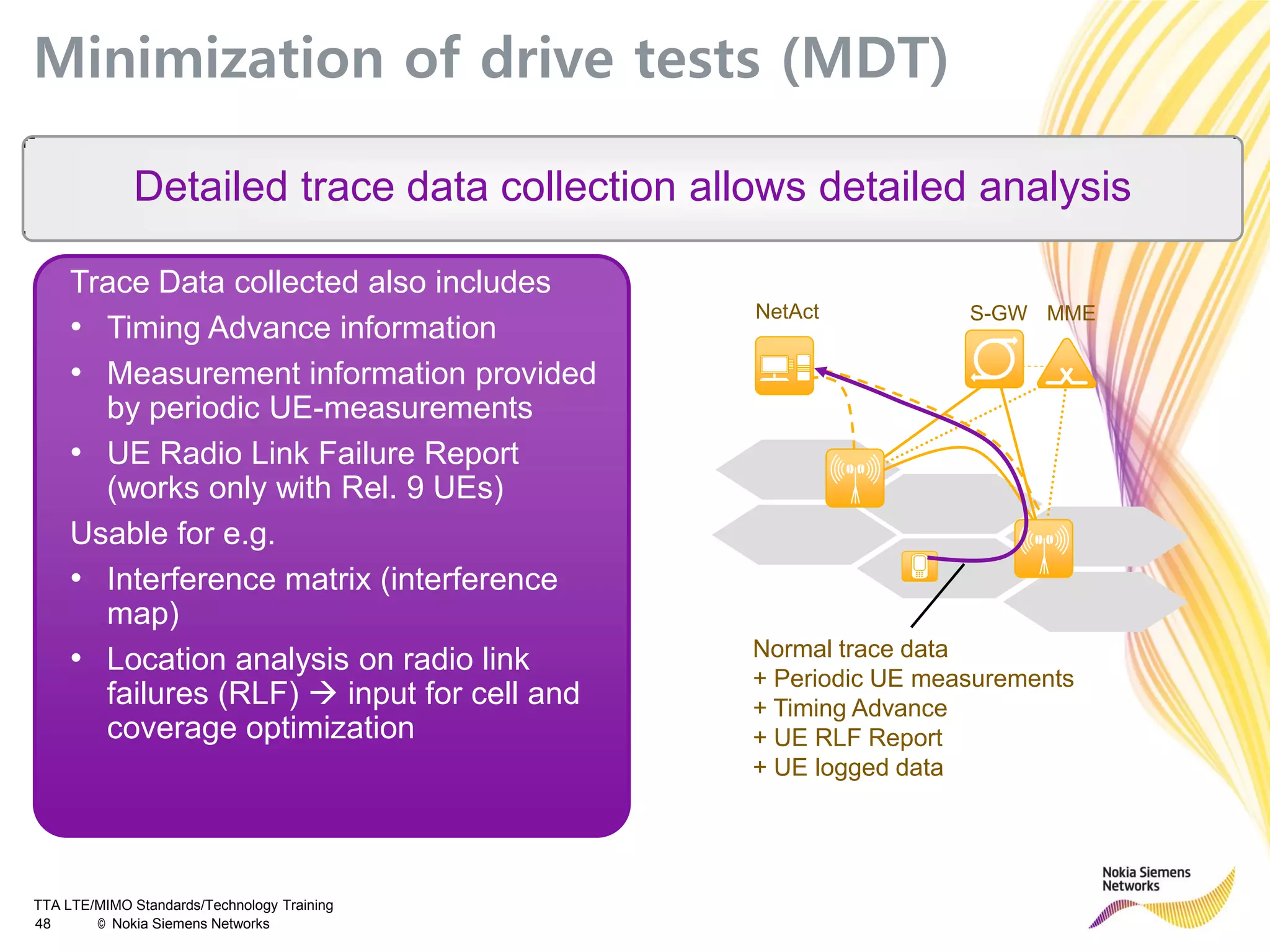 TTA LTE/MIMO Standards/Technology Training
48 © Nokia Siemens Networks
Minimization of drive tests (MDT)
Detailed trace data collection allows detailed analysis
MMES-GWNetAct
Normal trace data
+ Periodic UE measurements
+ Timing Advance
+ UE RLF Report
+ UE logged data
Trace Data collected also includes
• Timing Advance information
• Measurement information provided
by periodic UE-measurements
• UE Radio Link Failure Report
(works only with Rel. 9 UEs)
Usable for e.g.
• Interference matrix (interference
map)
• Location analysis on radio link
failures (RLF)  input for cell and
coverage optimization
 