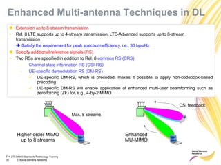 TTA LTE/MIMO Standards/Technology Training
35 © Nokia Siemens Networks
 Extension up to 8-stream transmission
• Rel. 8 LTE supports up to 4-stream transmission, LTE-Advanced supports up to 8-stream
transmission
 Satisfy the requirement for peak spectrum efficiency, i.e., 30 bps/Hz
 Specify additional reference signals (RS)
• Two RSs are specified in addition to Rel. 8 common RS (CRS)
- Channel state information RS (CSI-RS)
- UE-specific demodulation RS (DM-RS)
 UE-specific DM-RS, which is precoded, makes it possible to apply non-codebook-based
precoding
 UE-specific DM-RS will enable application of enhanced multi-user beamforming such as
zero forcing (ZF) for, e.g., 4-by-2 MIMO
Max. 8 streams
Enhanced
MU-MIMO
Higher-order MIMO
up to 8 streams
CSI feedback
Enhanced Multi-antenna Techniques in DL
 