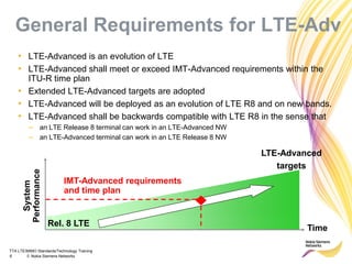 TTA LTE/MIMO Standards/Technology Training
6 © Nokia Siemens Networks
System
Performance
IMT-Advanced requirements
and time plan
Rel. 8 LTE
LTE-Advanced
targets
Time
General Requirements for LTE-Adv
• LTE-Advanced is an evolution of LTE
• LTE-Advanced shall meet or exceed IMT-Advanced requirements within the
ITU-R time plan
• Extended LTE-Advanced targets are adopted
• LTE-Advanced will be deployed as an evolution of LTE R8 and on new bands.
• LTE-Advanced shall be backwards compatible with LTE R8 in the sense that
– an LTE Release 8 terminal can work in an LTE-Advanced NW
– an LTE-Advanced terminal can work in an LTE Release 8 NW
 