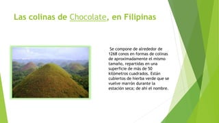 Las colinas de Chocolate, en Filipinas
Se compone de alrededor de
1268 conos en formas de colinas
de aproximadamente el mismo
tamaño, repartidas en una
superficie de más de 50
kilómetros cuadrados. Están
cubiertos de hierba verde que se
vuelve marrón durante la
estación seca; de ahí el nombre.
 