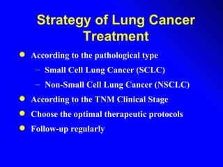 Strategy of Lung Cancer Treatment According to the pathological type  Small Cell Lung Cancer (SCLC)  Non-Small Cell Lung Cancer (NSCLC)  According to the TNM Clinical Stage  Choose the optimal therapeutic protocols Follow-up regularly  