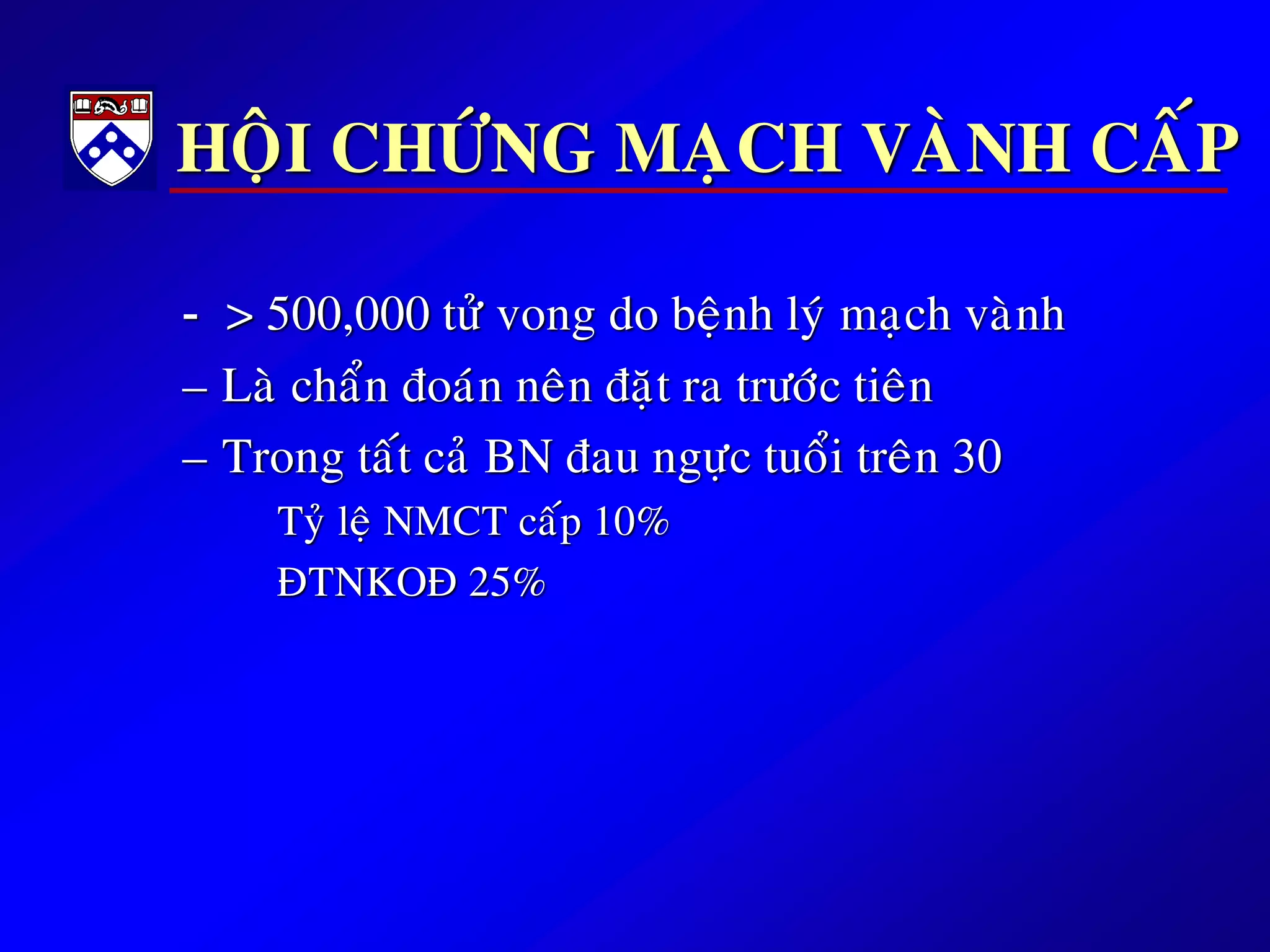 HOÄI CHÖÙNG MAÏCH VAØNH CAÁP
- > 500,000 töû vong do beänh lyù maïch vaønh
– Laø chaån ñoaùn neân ñaët ra tröôùc tieân
– Trong taát caû BN ñau ngöïc tuoåi treân 30
Tyû leä NMCT caáp 10%
ÑTNKOÑ 25%
 