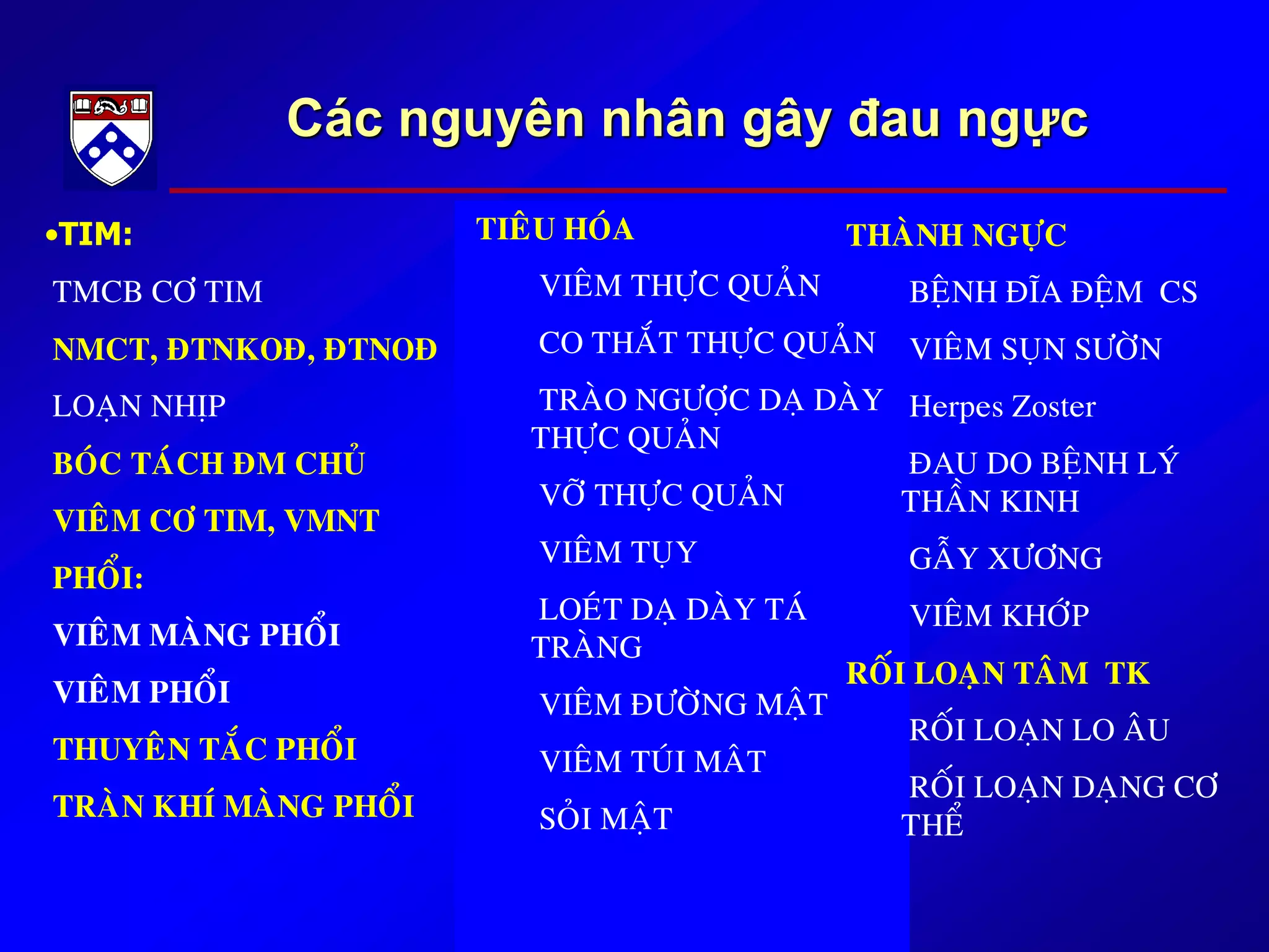 Các nguyên nhân gây đau ngực
•TIM:
TMCB CÔ TIM
NMCT, ÑTNKOÑ, ÑTNOÑ
LOAÏN NHÒP
BOÙC TAÙCH ÑM CHUÛ
VIEÂM CÔ TIM, VMNT
PHOÅI:
VIEÂM MAØNG PHOÅI
VIEÂM PHOÅI
THUYEÂN TAÉC PHOÅI
TRAØN KHÍ MAØNG PHOÅI
TIEÂU HOÙA
VIEÂM THÖÏC QUAÛN
CO THAÉT THÖÏC QUAÛN
TRAØO NGÖÔÏC DAÏ DAØY
THÖÏC QUAÛN
VÔÕ THÖÏC QUAÛN
VIEÂM TUÏY
LOEÙT DAÏ DAØY TAÙ
TRAØNG
VIEÂM ÑÖÔØNG MAÄT
VIEÂM TUÙI MAÂT
SOÛI MAÄT
THAØNH NGÖÏC
BEÄNH ÑÓA ÑEÄM CS
VIEÂM SUÏN SÖÔØN
Herpes Zoster
ÑAU DO BEÄNH LYÙ
THAÀN KINH
GAÃY XÖÔNG
VIEÂM KHÔÙP
ROÁI LOAÏN TAÂM TK
ROÁI LOAÏN LO AÂU
ROÁI LOAÏN DAÏNG CÔ
THEÅ
 