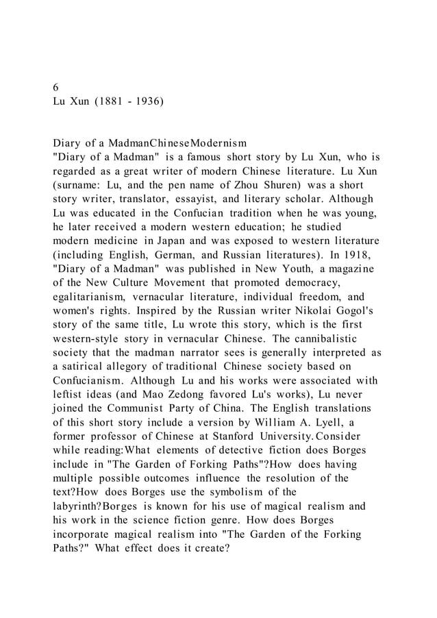 Diary Of A Madman Lu Xun Summary 6Lu Xun (1881 - 1936)Diary of a MadmanChineseModernismD | PDF