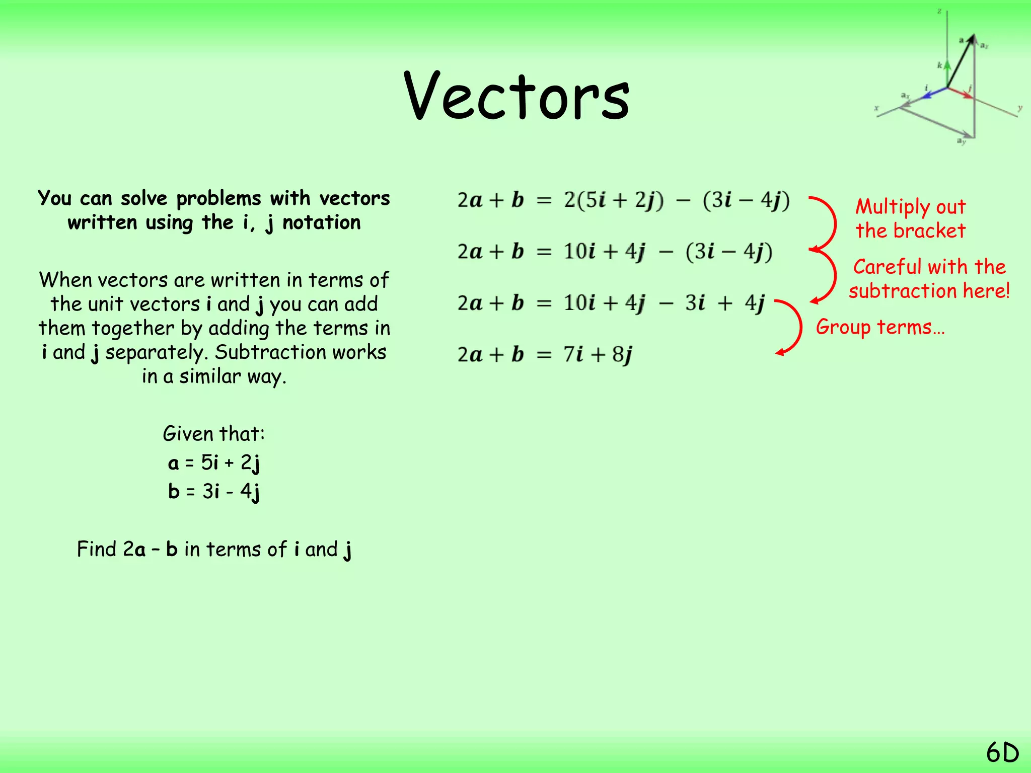 Vectors
You can solve problems with vectors
written using the i, j notation
When vectors are written in terms of
the unit vectors i and j you can add
them together by adding the terms in
i and j separately. Subtraction works
in a similar way.
Given that:
a = 5i + 2j
b = 3i - 4j
Find 2a – b in terms of i and j
6D
Multiply out
the bracket
Careful with the
subtraction here!
Group terms…
 