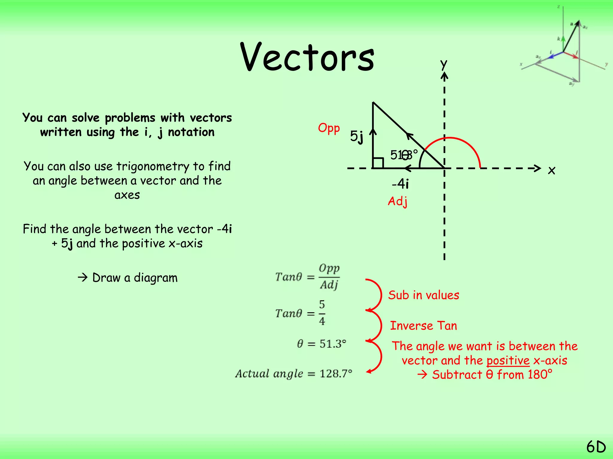 Vectors
You can solve problems with vectors
written using the i, j notation
You can also use trigonometry to find
an angle between a vector and the
axes
Find the angle between the vector -4i
+ 5j and the positive x-axis
 Draw a diagram
6D
-4i
x
θ
5j
y
Opp
Adj
Sub in values
Inverse Tan
The angle we want is between the
vector and the positive x-axis
 Subtract θ from 180°
51.3°
 