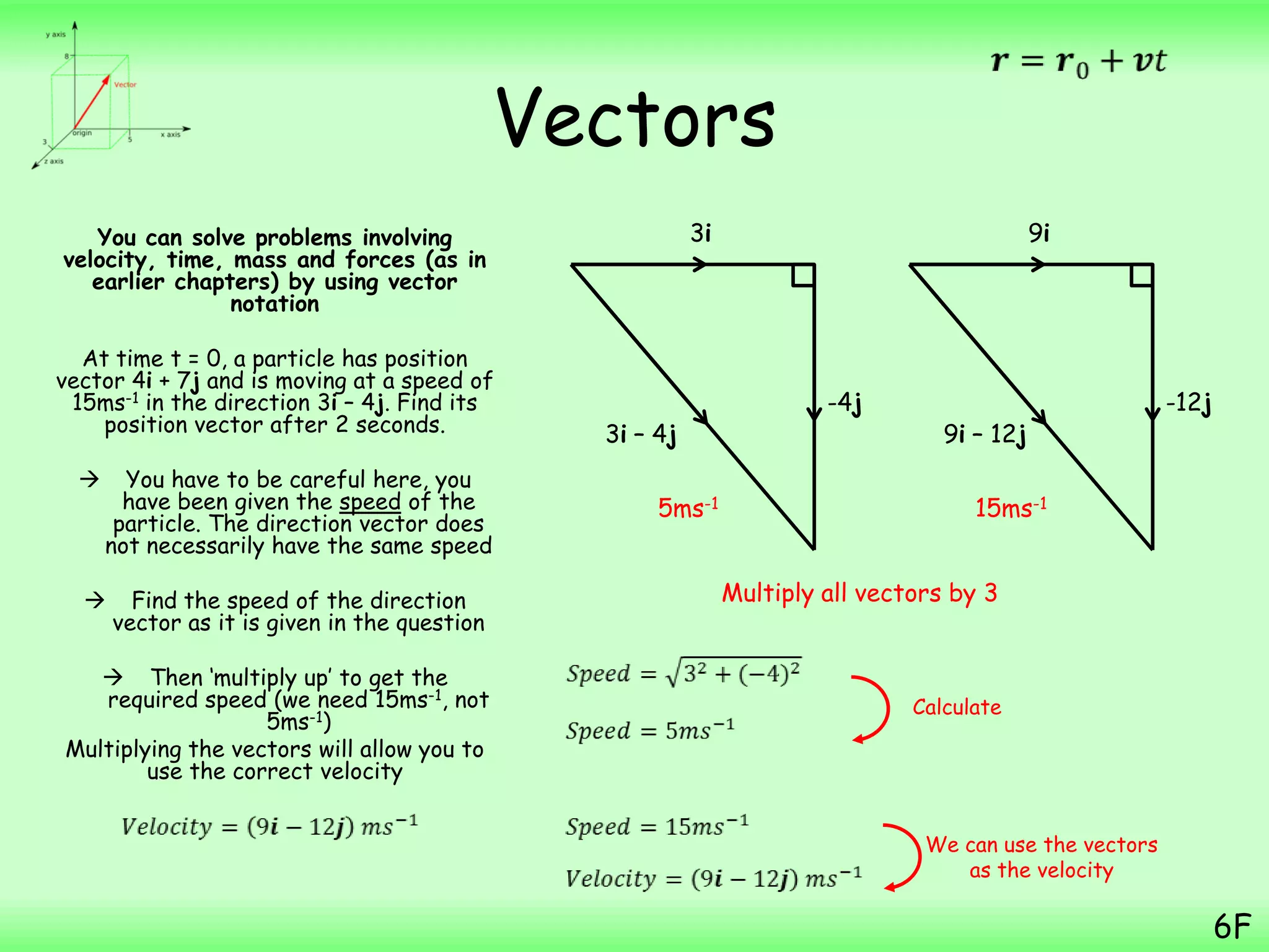 Vectors
You can solve problems involving
velocity, time, mass and forces (as in
earlier chapters) by using vector
notation
At time t = 0, a particle has position
vector 4i + 7j and is moving at a speed of
15ms-1 in the direction 3i – 4j. Find its
position vector after 2 seconds.
 You have to be careful here, you
have been given the speed of the
particle. The direction vector does
not necessarily have the same speed
 Find the speed of the direction
vector as it is given in the question
 Then „multiply up‟ to get the
required speed (we need 15ms-1, not
5ms-1)
Multiplying the vectors will allow you to
use the correct velocity
6F
3i
-4j
3i – 4j
9i
-12j
9i – 12j
5ms-1 15ms-1
Multiply all vectors by 3
Calculate
We can use the vectors
as the velocity
 
