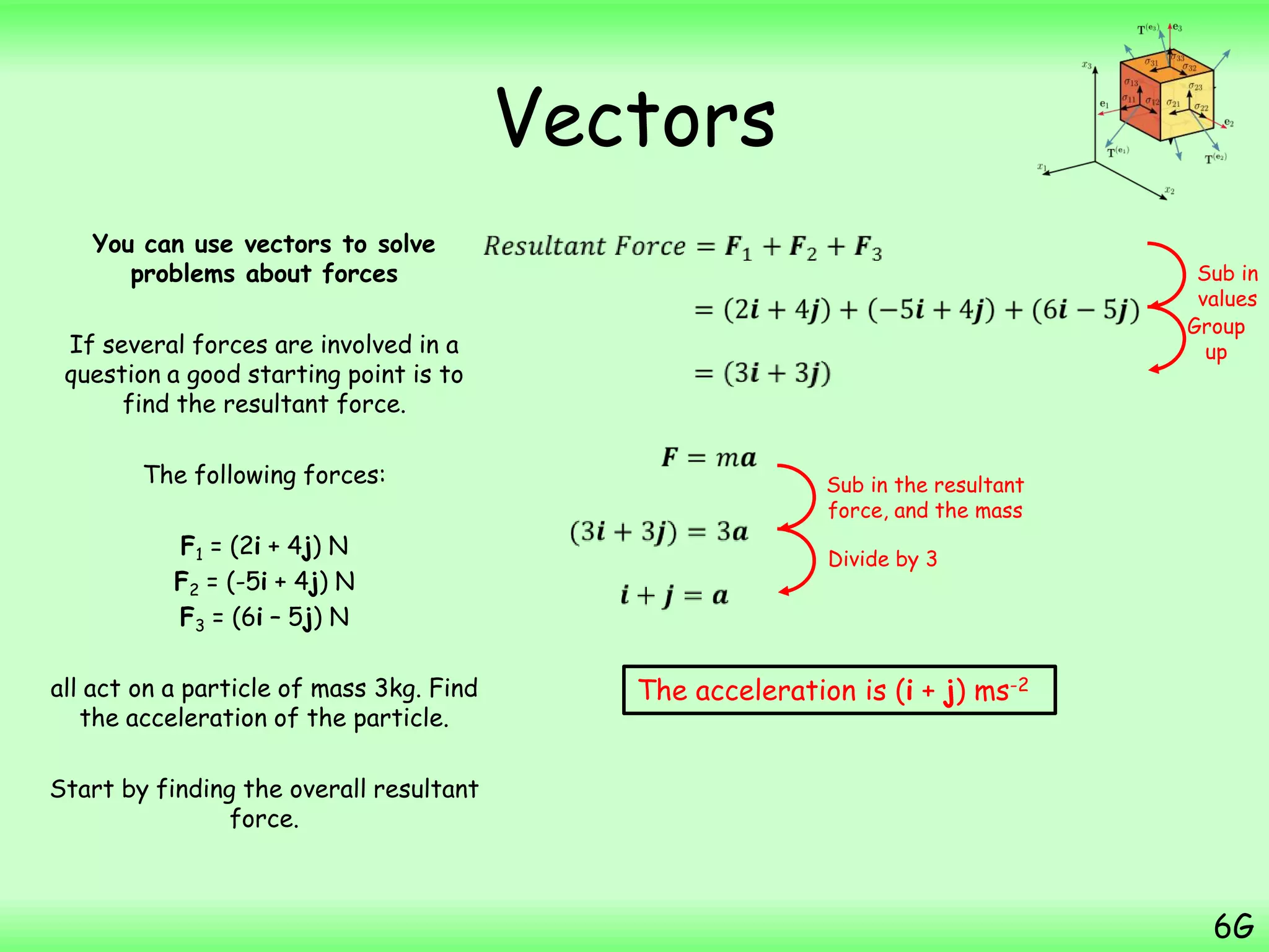 Vectors
You can use vectors to solve
problems about forces
If several forces are involved in a
question a good starting point is to
find the resultant force.
The following forces:
F1 = (2i + 4j) N
F2 = (-5i + 4j) N
F3 = (6i – 5j) N
all act on a particle of mass 3kg. Find
the acceleration of the particle.
Start by finding the overall resultant
force.
6G
The acceleration is (i + j) ms-2
Sub in
values
Group
up
Sub in the resultant
force, and the mass
Divide by 3
 