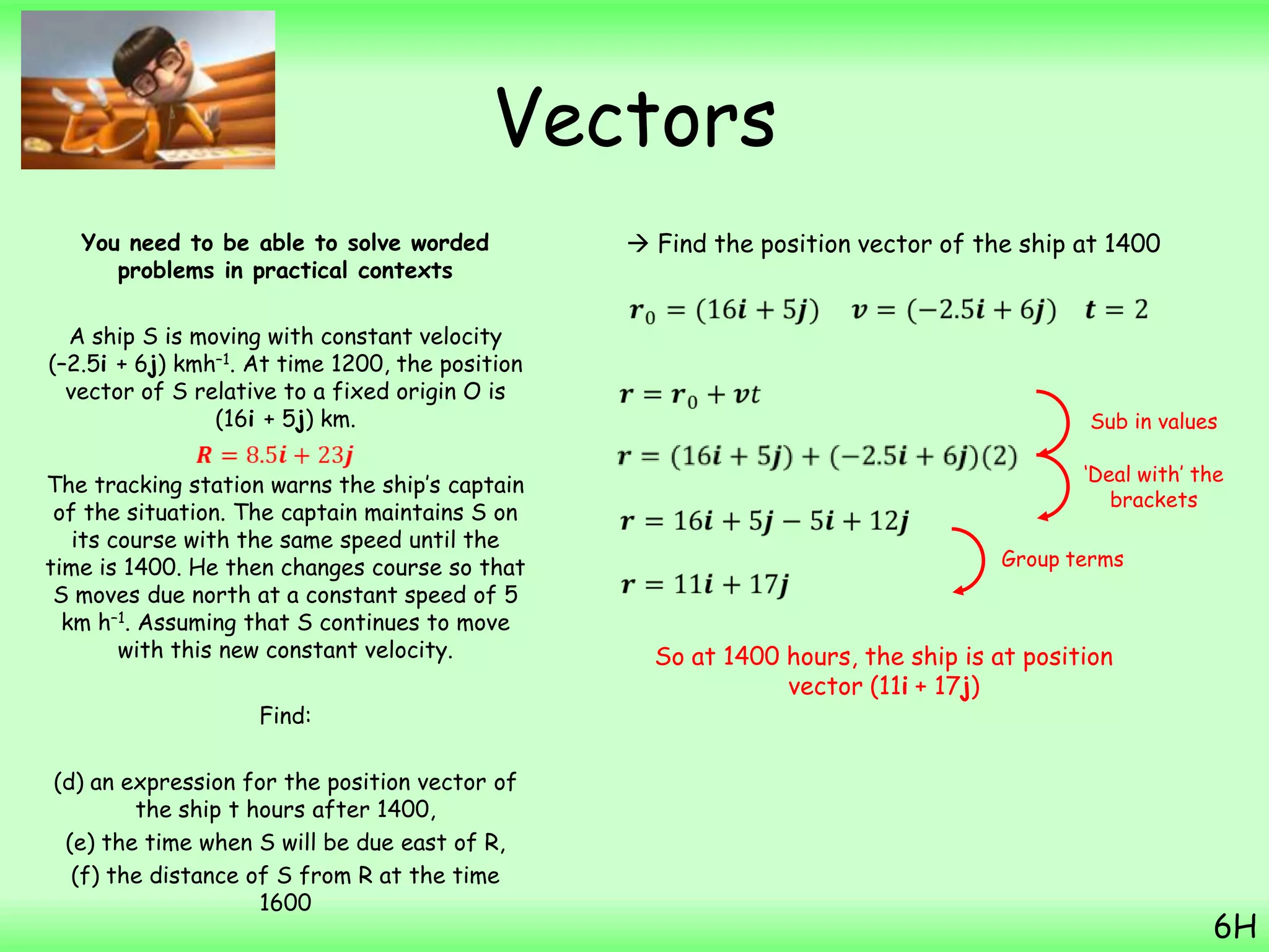 Vectors
You need to be able to solve worded
problems in practical contexts
A ship S is moving with constant velocity
(–2.5i + 6j) kmh–1. At time 1200, the position
vector of S relative to a fixed origin O is
(16i + 5j) km.
The tracking station warns the ship‟s captain
of the situation. The captain maintains S on
its course with the same speed until the
time is 1400. He then changes course so that
S moves due north at a constant speed of 5
km h–1. Assuming that S continues to move
with this new constant velocity.
Find:
(d) an expression for the position vector of
the ship t hours after 1400,
(e) the time when S will be due east of R,
(f) the distance of S from R at the time
1600
6H
 Find the position vector of the ship at 1400
Sub in values
„Deal with‟ the
brackets
Group terms
So at 1400 hours, the ship is at position
vector (11i + 17j)
 