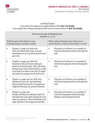 GRADE 6: MODULE 2A: UNIT 2: LESSON 1
Exit Ticket:
How Does the Author Convey Theme?
Learning Targets
I can select text evidence to support themes from Bud, Not Buddy.
I can analyze the writing techniques Curtis uses to convey themes in Bud, Not Buddy.
Persevere through challenging times.
Chapters 11, 12, 13
Write the gist of the detail or event,
including chapter and page number.
What writing technique does Curtis use to
convey theme, as shown in the detail or event?
• Chapter 11, page 116, Rule #29:
This rule allows Bud to get as much
information as he can about situations he
gets into.
• This piece of evidence is an example of
Curtis developing the theme through the
rule.
• Chapter 12, page 133, Rule #8:
Bud shares this rule when Lefty gets
pulled over by the police. This rule helps
Bud get away from a bad situation or bad
news that he is about to be told. It might
also help him prepare for the bad news.
• This piece of evidence is an example of
Curtis developing the theme through the
rule.
• Chapter 13, page 156-157, Rule #63:
Bud knows you can’t say bad things
about people because the wrong person
might be listening. He protects himself.
• This piece of evidence is an example of
Curtis developing the theme through the
rule.
• Chapter 13, page 159:
Steady and Thug are talking to Bud. He
tells them his mom died and that his eyes
don’t cry anymore. They tell Bud he is all
right. Bud has to be tough around folks.
• This piece of evidence is an example of
Curtis developing the theme through
dialogue and meeting the band.
Created by Expeditionary Learning, on behalf of Public Consulting Group, Inc.
© Public Consulting Group, Inc., with a perpetual license granted to
Expeditionary Learning Outward Bound, Inc. NYS Common Core ELA Curriculum • G6:M2A:U2:L1 • June 2014 • 20
 
