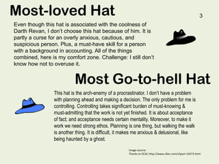 Most-loved Hat                                                                                             3
Even though this hat is associated with the coolness of
Darth Revan, I don’t choose this hat because of him. It is
partly a curse for an overly anxious, cautious, and
suspicious person. Plus, a must-have skill for a person
with a background in accounting. All of the things
combined, here is my comfort zone. Challenge: I still don’t
know how not to overuse it.


                          Most Go-to-hell Hat
                This hat is the arch-enemy of a procrastinator. I don’t have a problem
                with planning ahead and making a decision. The only problem for me is
                controlling. Controlling takes significant burden of must-knowing &
                must-admitting that the work is not yet finished. It is about acceptance
                of fact; and acceptance needs certain mentality. Moreover, to make it
                work we need strong ethos. Planning is one thing, but walking the walk
                is another thing. It is difficult, it makes me anxious & delusional, like
                being haunted by a ghost.
                                                      Image source:
                                                      Thanks to OCAL http://www.clker.com/clipart-16373.html
 