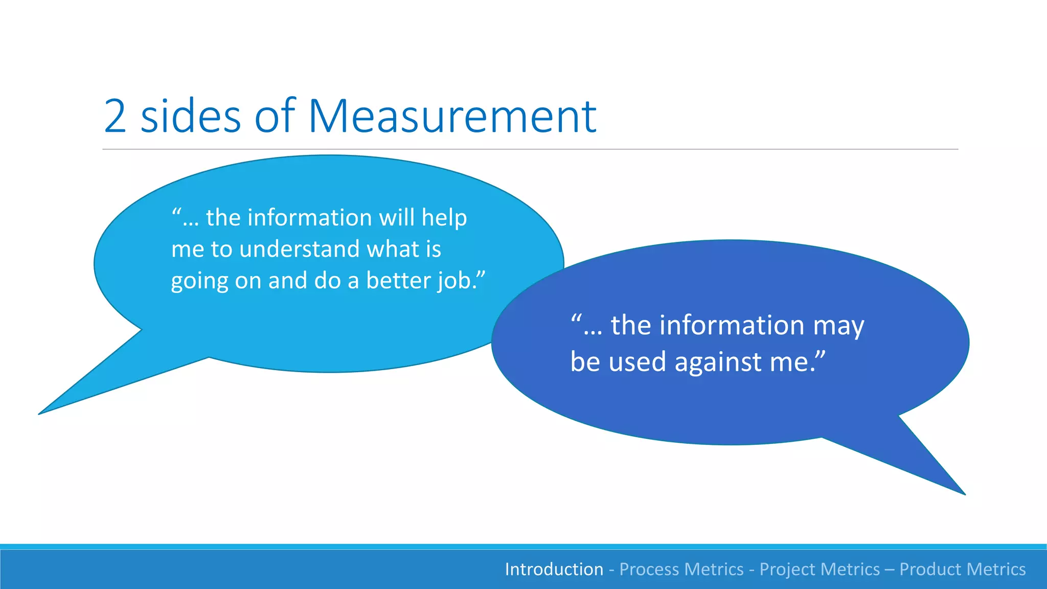 2 sides of Measurement
“… the information will help
me to understand what is
going on and do a better job.”
“… the information may
be used against me.”
Introduction - Process Metrics - Project Metrics – Product Metrics
 