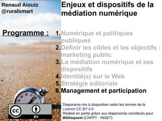 2
1.Numérique et politiques
publiques
2.Définir les cibles et les objectifs :
marketing public
3.La médiation numérique et ses
dispositifs
4.Identité(s) sur le Web
5.Stratégie éditoriale
6.Management et participation
Enjeux et dispositifs de la
médiation numérique
Programme :
Renaud Aioutz
@ruralsmart
Diaporama mis à disposition selon les termes de la
Licence CC BY 4.0
Réalisé en partie grâce aux diaporamas constitués pour
Biblioquest (CNFPT - INSET)
 