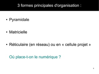 8
3 formes principales d'organisation :
● Pyramidale
● Matricielle
● Réticulaire (en réseau) ou en « cellule projet »
Où place-t-on le numérique ?
 