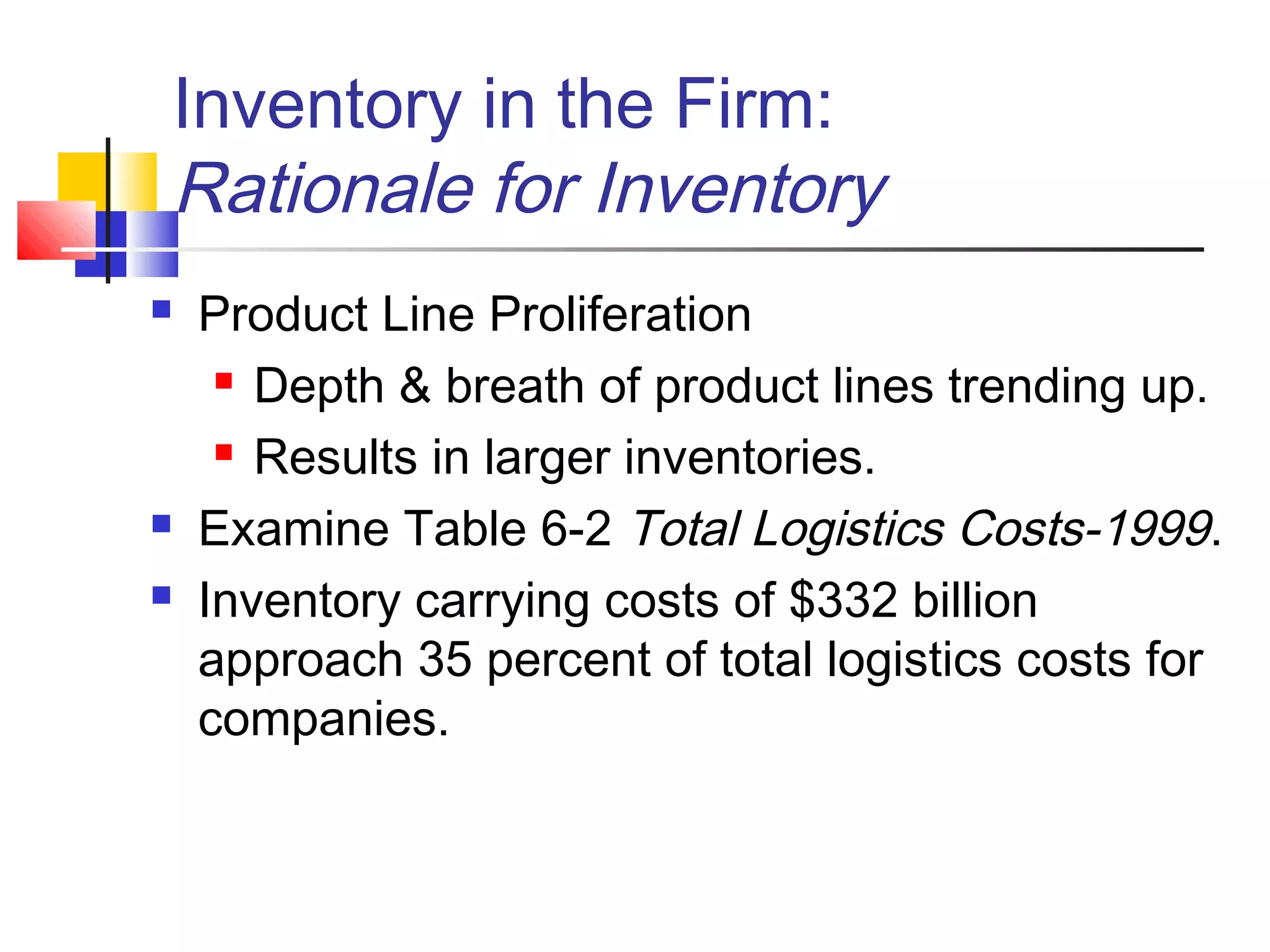 Inventory in the Firm:
Rationale for Inventory
 Product Line Proliferation
 Depth & breath of product lines trending up.
 Results in larger inventories.
 Examine Table 6-2 Total Logistics Costs-1999.
 Inventory carrying costs of $332 billion
approach 35 percent of total logistics costs for
companies.
 