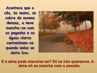 E a alma pode manchar-se? Só se nós queremos. A alma só se mancha com o pecado. Acontece que o céu, às vezes, se cobre de nuvens densas, a neve mancha-se com as pegadas e as águas claras contaminam-se quando nelas se deita lixo. 
