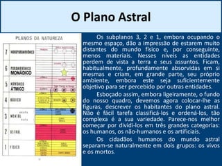 O Plano Astral
Os subplanos 3, 2 e 1, embora ocupando o
mesmo espaço, dão a impressão de estarem muito
distantes do mundo físico e, por conseguinte,
menos materiais. Nesses níveis as entidades
perdem de vista a terra e seus assuntos. Ficam,
habitualmente, profundamente absorvidas em si
mesmas e criam, em grande parte, seu próprio
ambiente, embora este seja suficientemente
objetivo para ser percebido por outras entidades.
Esboçado assim, embora ligeiramente, o fundo
do nosso quadro, devemos agora colocar-lhe as
figuras, descrever os habitantes do plano astral.
Não é fácil tarefa classificá-los e ordená-los, tão
complexa é a sua variedade. Parece-nos melhor
começar por dividi-los em três grandes categorias:
os humanos, os não-humanos e os artificiais.
Os cidadãos humanos do mundo astral
separam-se naturalmente em dois grupos: os vivos
e os mortos.
 