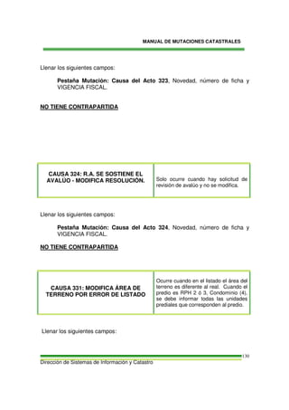 MANUAL DE MUTACIONES CATASTRALES
Dirección de Sistemas de Información y Catastro
130
Llenar los siguientes campos:
Pestaña Mutación: Causa del Acto 323, Novedad, número de ficha y
VIGENCIA FISCAL.
NO TIENE CONTRAPARTIDA
CAUSA 324: R.A. SE SOSTIENE EL
AVALÚO - MODIFICA RESOLUCIÓN. Solo ocurre cuando hay solicitud de
revisión de avalúo y no se modifica.
Llenar los siguientes campos:
Pestaña Mutación: Causa del Acto 324, Novedad, número de ficha y
VIGENCIA FISCAL.
NO TIENE CONTRAPARTIDA
CAUSA 331: MODIFICA ÁREA DE
TERRENO POR ERROR DE LISTADO
Ocurre cuando en el listado el área del
terreno es diferente al real. Cuando el
predio es RPH 2 ó 3, Condominio (4),
se debe informar todas las unidades
prediales que corresponden al predio.
Llenar los siguientes campos:
 