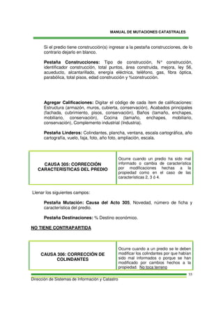 MANUAL DE MUTACIONES CATASTRALES
Dirección de Sistemas de Información y Catastro
55
Si el predio tiene construcción(s) ingresar a la pestaña construcciones, de lo
contrario dejarlo en blanco.
Pestaña Construcciones: Tipo de construcción, N° construcción,
identificador construcción, total puntos, área construida, mejora, ley 56,
acueducto, alcantarillado, energía eléctrica, teléfono, gas, fibra óptica,
parabólica, total pisos, edad construcción y %construcción.
Agregar Calificaciones: Digitar el código de cada ítem de calificaciones:
Estructura (armazón, muros, cubierta, conservación), Acabados principales
(fachada, cubrimiento, pisos, conservación), Baños (tamaño, enchapes,
mobiliario, conservación), Cocina (tamaño, enchapes, mobiliario,
conservación), Complemento industrial (Industria).
Pestaña Linderos: Colindantes, plancha, ventana, escala cartográfica, año
cartografía, vuelo, faja, foto, año foto, ampliación, escala.
CAUSA 305: CORRECCIÓN
CARACTERÍSTICAS DEL PREDIO
Ocurre cuando un predio ha sido mal
informado o cambia de característica
por modificaciones hechas a la
propiedad como en el caso de las
características 2, 3 ó 4.
Llenar los siguientes campos:
Pestaña Mutación: Causa del Acto 305, Novedad, número de ficha y
característica del predio.
Pestaña Destinaciones: % Destino económico.
NO TIENE CONTRAPARTIDA
CAUSA 306: CORRECCIÓN DE
COLINDANTES
Ocurre cuando a un predio se le deben
modificar los colindantes por que habían
sido mal informados o porque se han
modificado por cambios hechos a la
propiedad. No toca terreno
 