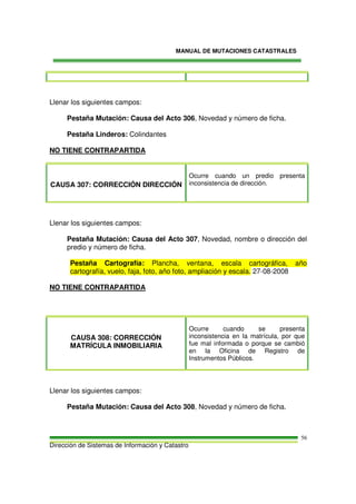 MANUAL DE MUTACIONES CATASTRALES
Dirección de Sistemas de Información y Catastro
56
Llenar los siguientes campos:
Pestaña Mutación: Causa del Acto 306, Novedad y número de ficha.
Pestaña Linderos: Colindantes
NO TIENE CONTRAPARTIDA
CAUSA 307: CORRECCIÓN DIRECCIÓN
Ocurre cuando un predio presenta
inconsistencia de dirección.
Llenar los siguientes campos:
Pestaña Mutación: Causa del Acto 307, Novedad, nombre o dirección del
predio y número de ficha.
Pestaña Cartografía: Plancha, ventana, escala cartográfica, año
cartografía, vuelo, faja, foto, año foto, ampliación y escala. 27-08-2008
NO TIENE CONTRAPARTIDA
CAUSA 308: CORRECCIÓN
MATRÍCULA INMOBILIARIA
Ocurre cuando se presenta
inconsistencia en la matrícula, por que
fue mal informada o porque se cambió
en la Oficina de Registro de
Instrumentos Públicos.
Llenar los siguientes campos:
Pestaña Mutación: Causa del Acto 308, Novedad y número de ficha.
 