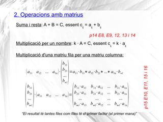 2. Operacions amb matrius
p14 E8, E9, 12, 13 i 14
Suma i resta: A + B = C, essent cij
= aij
+ bij
Multiplicació per un nom...