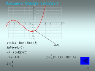 Answers Starter Lesson 1          y
                             10
                              9
                              8
                              7
                              6
                              5
                              4
                              3
                              2
                              1

– 5   – 4   – 3   – 2   – 1 – 1       1   2       3     4      5   x
                            – 2
                            – 3
                            – 4
                            – 5
                            – 6
                            – 7
                            – 8
                            – 9
                           – 10


y k ( x 1)( x 3)( x 5)
                                                      (0,-5)
Sub in (0, 5)
 5 k ( 1)(3)(5)
                                                  1
 5    15k                                     y     ( x 1)( x 3)( x 5)
                                                  3
      1
k
      3                                                                  76
 
